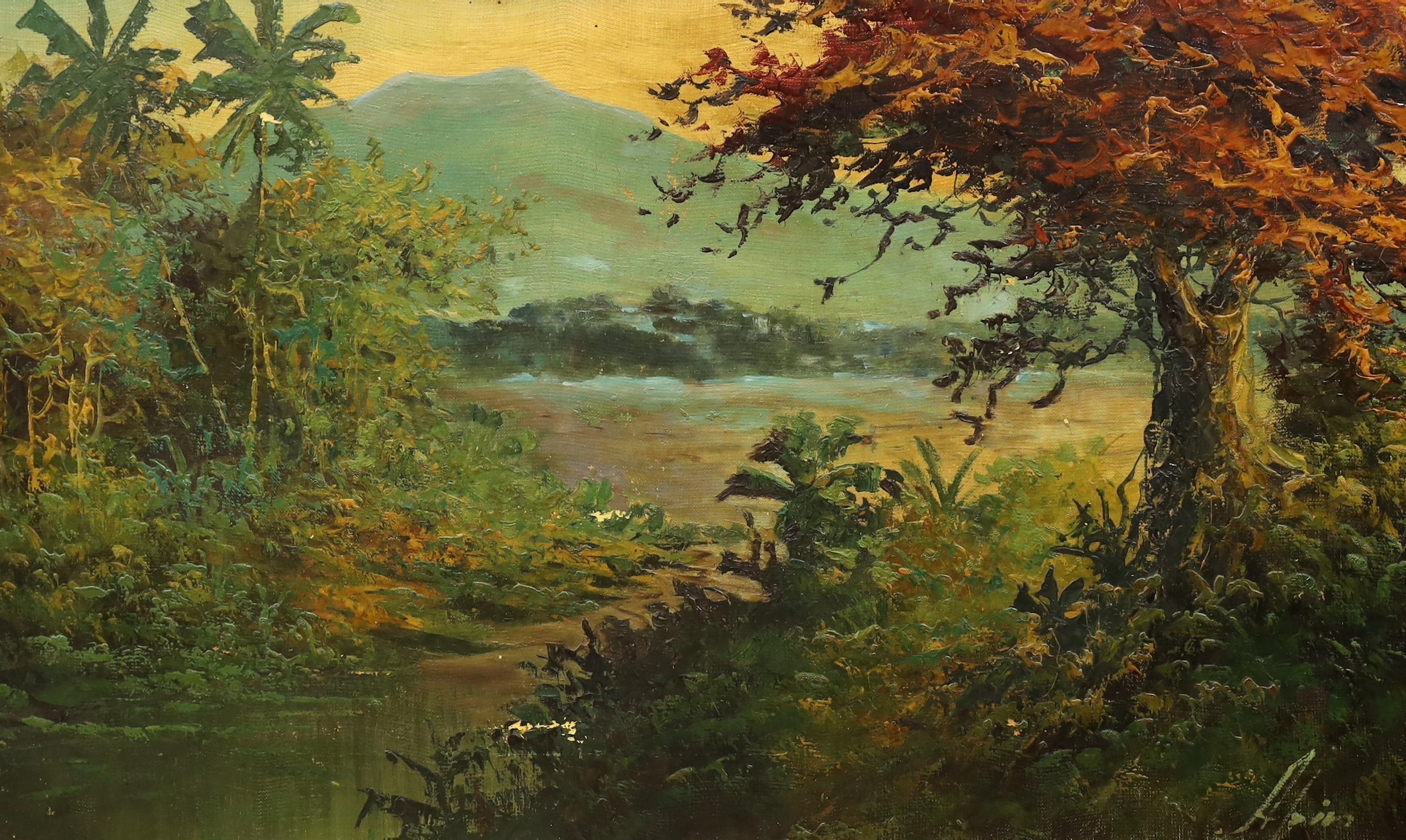 Asian School, pair of oils on canvas, River landscapes, 47 x 79cm